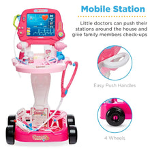 Pink doctor play station cart with screen display and four-wheel base