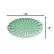 Leaf-shaped green stoneware serving tray, 13.95 in long, 7.95 in wide