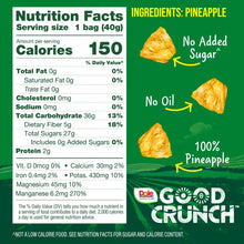 Nutrition facts panel and ingredient callouts for pineapple snack bites on green bag side.