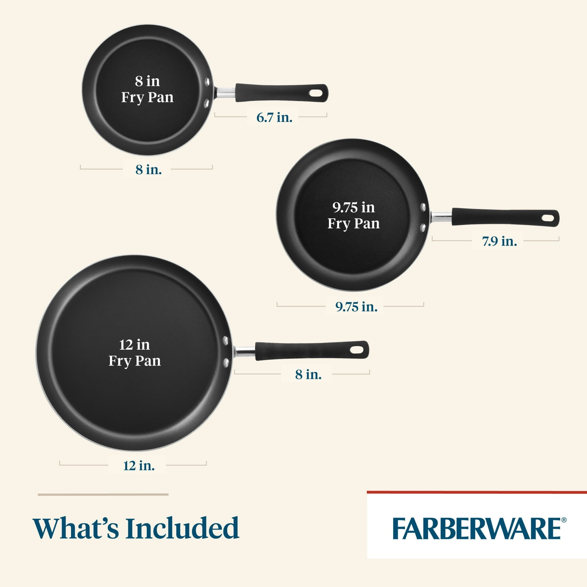 Farberware Easy Clean 3 Pcs Nonstick Frying Pan Set, Dishwasher Safe, 8 Inch, 9.75 Inch, 12 Inch, Aqua