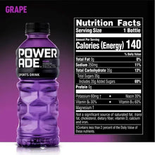 Powerade grape sports drink bottle with Nutrition Facts panel.