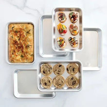 Eighth sheet pans, 6-pack, silver metal trays with food portions in each pan