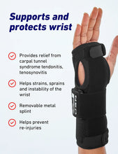 Black wrist brace worn on a bent wrist with open palm