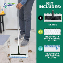 Swiffer Sweep + Mop Deluxe kit with mop head, pole, and dry and wet refill cloths