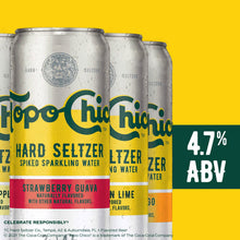 Topo Chico Hard Seltzer cans with strawberry guava and other fruit flavors, 4.7% ABV.