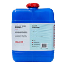 7-gallon blue water container with white label and rear text panel