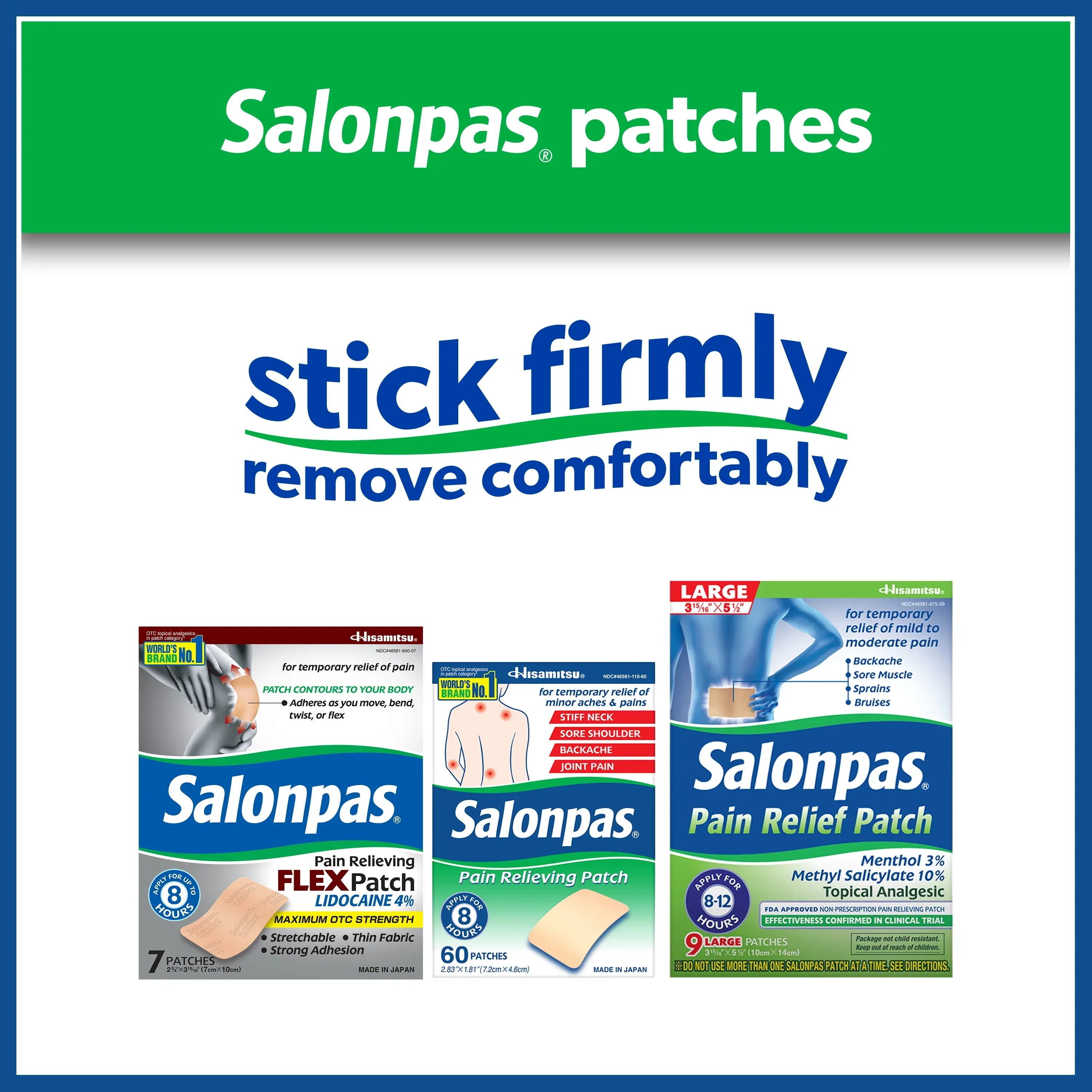 Salonpas 8 Hour Pain Relief Patch with Camphor 3.1% & Menthol 6% for Back & Muscles, Large, 6 Count