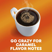 Hot coffee cup with crema; Go Crazy for Caramel Flavor text