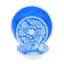 Blue floral melamine bowl and matching plate, round designs