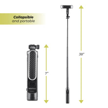 Collapsible selfie stick tripod showing short and tall heights with phone mount and LED panel