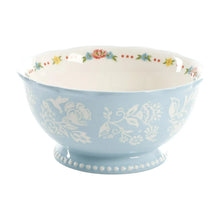 Floral serving bowl with blue exterior, white interior, and rose garland trim