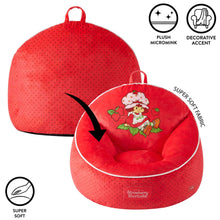 Red kids bean bag chair with cartoon back panel, white piping, and round base
