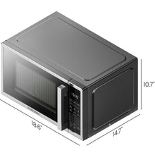 Stainless steel countertop microwave oven angled view with side profile and dimensions