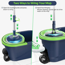 Spin mop and bucket with wringer, two wringing methods, blue bucket and green handle