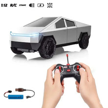 RC pickup truck with LED light bar; hands holding the black remote controller, gray body.
