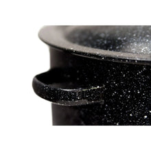 Speckled black stock pot rim and lid handle, side grip visible