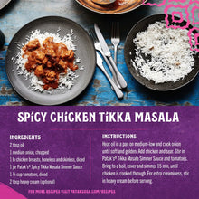 Spicy tikka masala recipe promotional graphic with curry and rice plates