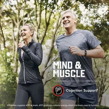 Creatine supplement marketing poster with two people jogging outdoors and product icons