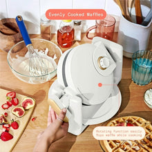 Rotating Belgian waffle maker by Drew Barrymore, white with dial and open lid