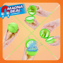Green reusable water balloon being filled, with open and closed halves