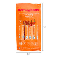 Bettergoods hot honey beef sticks bag, orange package with stick lineup and chili illustration