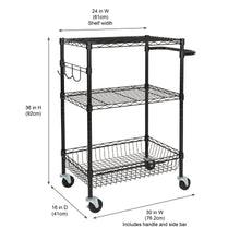 Black 3-tier wire rolling cart with side handle, storage shelves, and four swivel casters