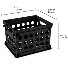Black plastic mini storage crate, open top and perforated sides for ventilation