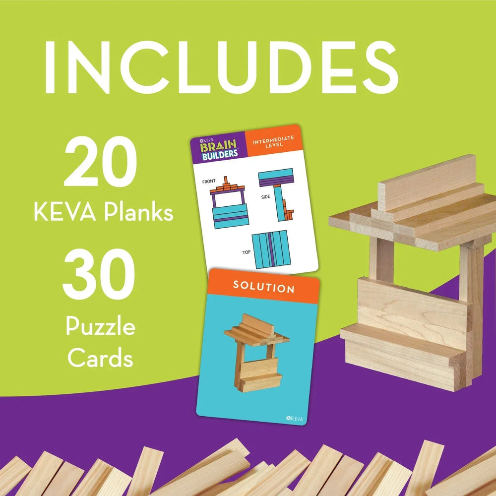 MindWare KEVA Brainbuilders, 3D brain building STEM challenges for boys & girls, Try to build the image, Practice spatial thinking, 20 planks & 30 puzzles - USA MEGA SHOP