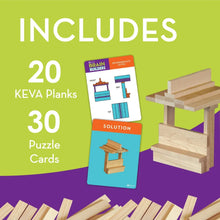 KEVA Brain Builders contents card showing 20 KEVA planks and 30 puzzle cards