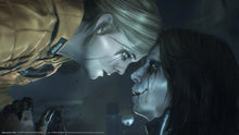 PS5 action game screenshot of two characters leaning close faces illuminated