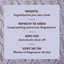 Air care feature card with ingredients, garden-inspired notes and automatic shutoff text
