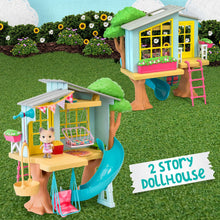 Two-level dollhouse treehouse with green roof, yellow windows, teal slide, pink ladder