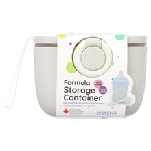 White formula storage container with side handle loop and round scoop holder