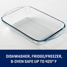 Clear glass baking dish with blue-tinted rim and rectangular shape
