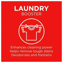 Laundry booster label with “Enhances cleaning power” and “Deodorizes and freshens”