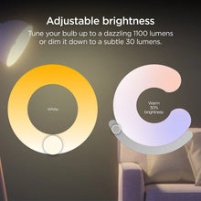 Smart color bulb glow: warm white and purple around a circular lamp