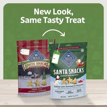 Santa Snacks dog biscuit bags in green packaging, shown together on a table.