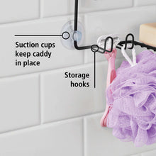 Hanging shower caddy with suction cups and storage hooks for loofah and accessories
