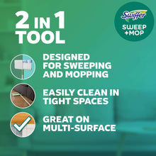 Swiffer sweep-and-mop 2-in-1 tool with green mop head and white handle