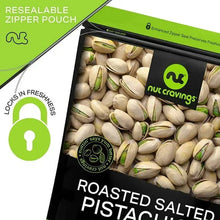 Zipper pouch of roasted salted pistachios, open bag with in-shell nuts