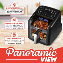 Black air fryer with panoramic window, digital controls, and holographic time display