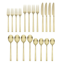 20-piece gold stainless steel flatware set with ridged handles: forks, knives, and spoons