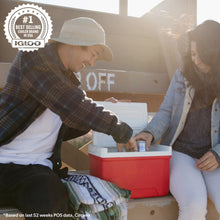 Red 9 qt cooler with white lid, closed