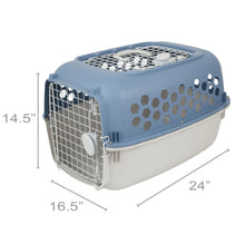 Blue plastic pet kennel with front door, top ventilation grille, and hex side openings.
