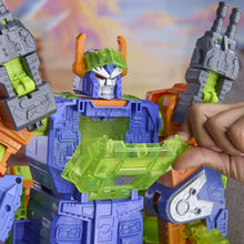 Robot action figure close-up: green chest plate, blue armor, and orange shoulder panels