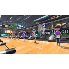 Nintendo Switch Sports gameplay scene with characters on an indoor sports court