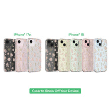 Set of clear floral phone cases in dark, blush, and light tones