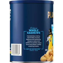 Blue steel canister labeled "Deluxe Whole Cashews"