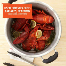 Aluminum steamer pot with seafood inside, black side handles