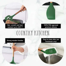 Green silicone cooking utensils with wooden handles, shown in multiple tool views.